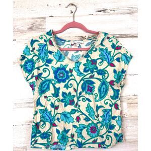 Emily Daniels Womens S White Blue Floral Linen Blend Boho Summer Blouse Top